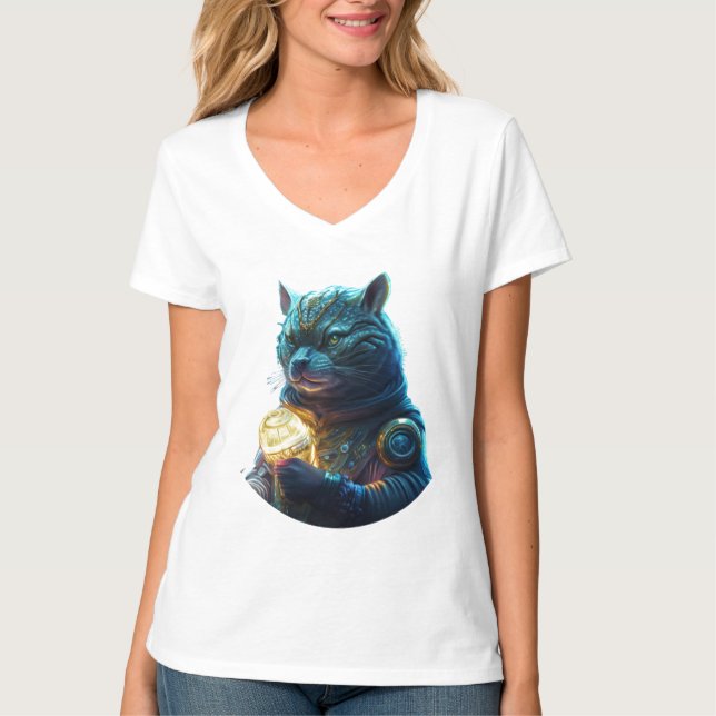 Blue Space Cat Astronaut Holds Glowing Module T-Shirt (Front)