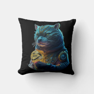 Blue Space Cat Astronaut Holds Glowing Module Throw Pillow