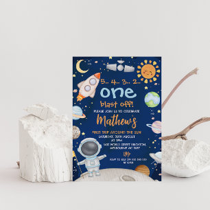 Blue Space First Trip Around Sun 1st Birthday Invitation