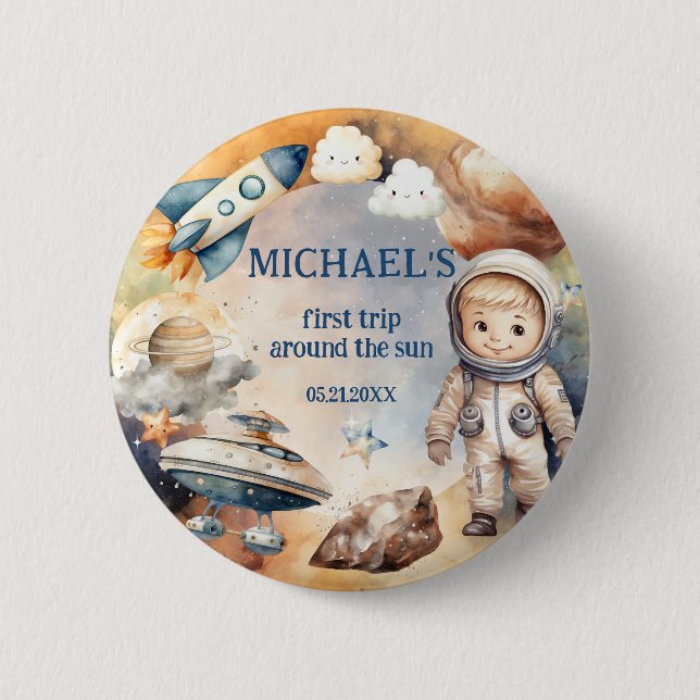 Blue Space First Trip Around The Sun Birthday Button (Front)