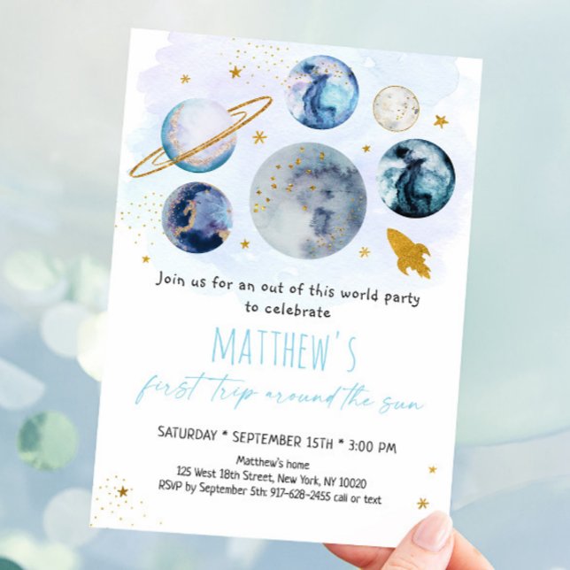 Blue Space First Trip Around The Sun Birthday Invitation (Creator Uploaded)
