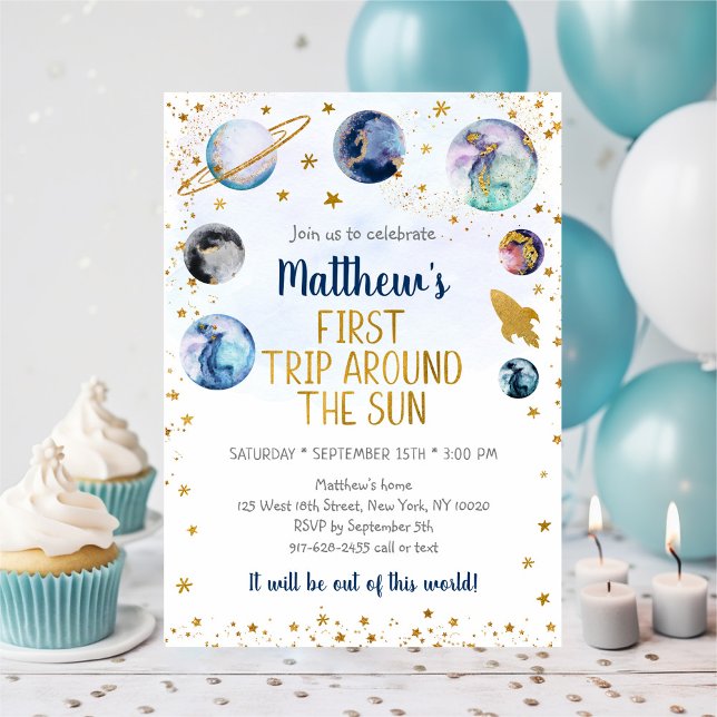 Blue Space First Trip Around The Sun Birthday Invitation (Creator Uploaded)