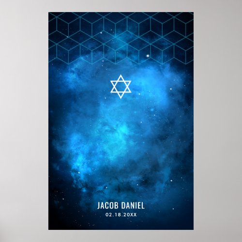 Blue Space Galaxy Bar Mitzvah Sign In Board Poster
