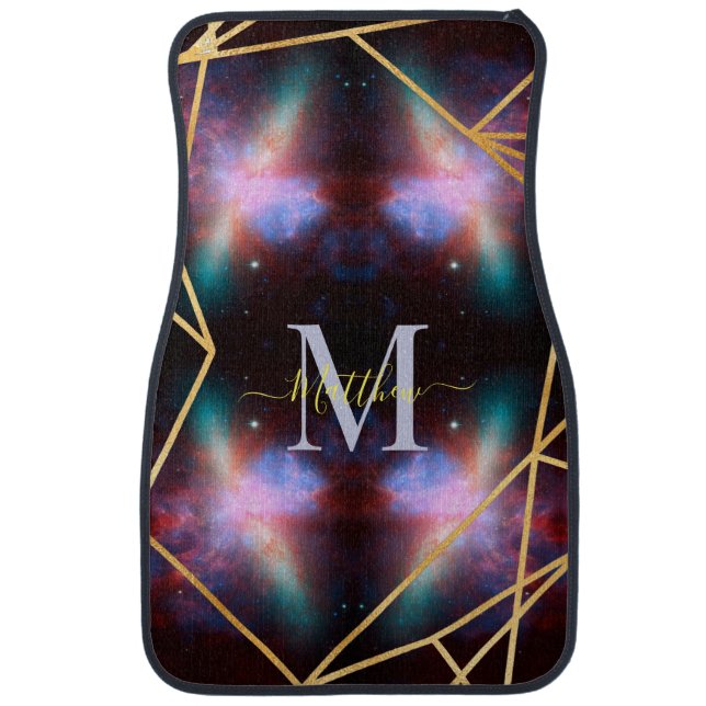 Blue Space Gold Glitter Sparkle Name Monogram Car Floor Mat (Front)
