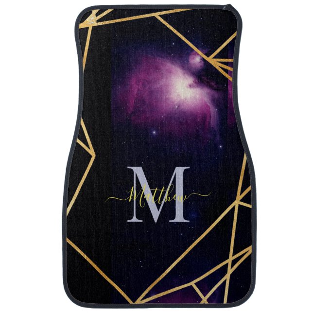 Blue Space Gold Glitter Sparkle Name Monogram Car Floor Mat (Front)