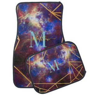 Blue Space Gold Glitter Sparkle Name Monogram Car Floor Mat