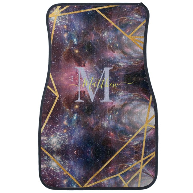 Blue Space Gold Glitter Sparkle Name Monogram Car Floor Mat (Front)