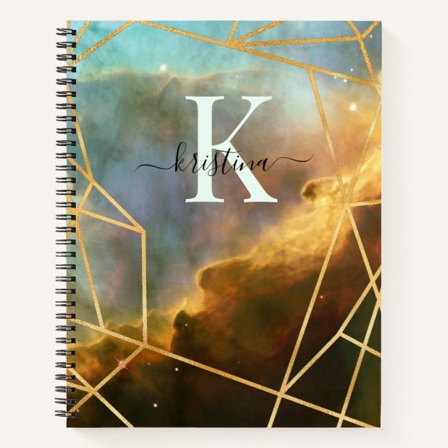Blue Space Gold Glitter Sparkle Name Monogram Notebook (Front)