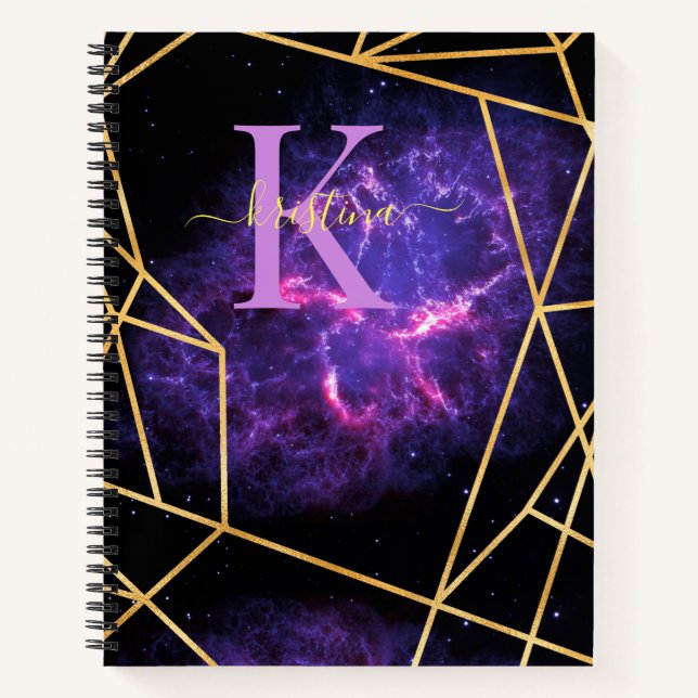 Blue Space Gold Glitter Sparkle Name Monogram Notebook (Front)