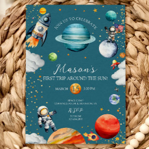 Blue Space Rocket & Astronaut 1st Trip Around Invitation