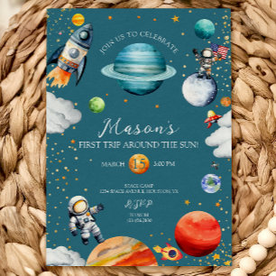 Blue Space Rocket & Astronaut 1st Trip Around Invitation