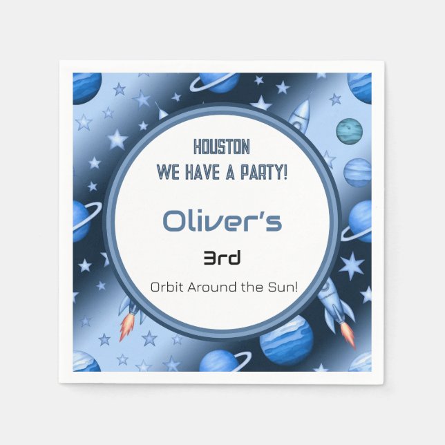 Blue Space Theme Rocket & Planets Kids Party  Napkins (Front)