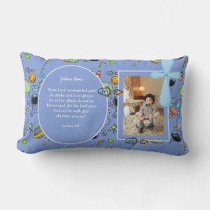 Blue Space themed BAUTIZO PHOTO Bible Verse GIFT Lumbar Pillow