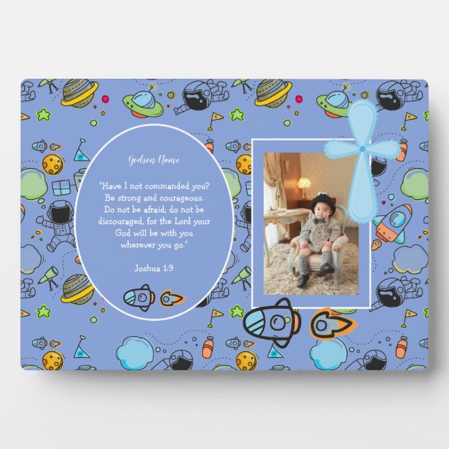 Blue Space themed BAUTIZO PHOTO Bible Verse GIFT Plaque (Front)