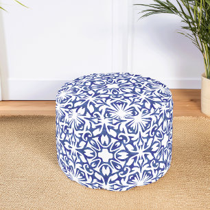 Blue Spanish Mediterranean Watercolor Pattern Pouf