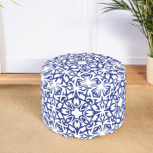 Blue Spanish Mediterranean Watercolor Pattern Pouf (Creator Uploaded)