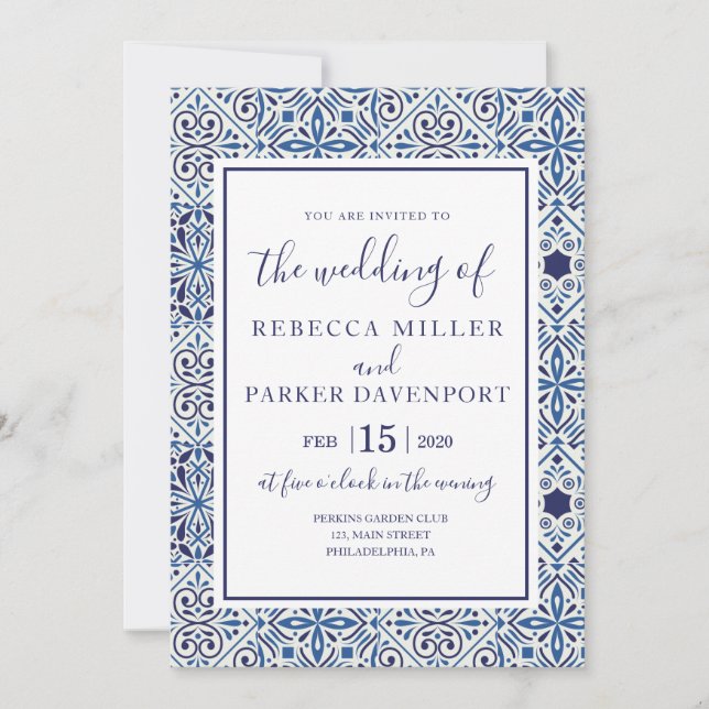 Blue Spanish Tiles Wedding invitation (Front)