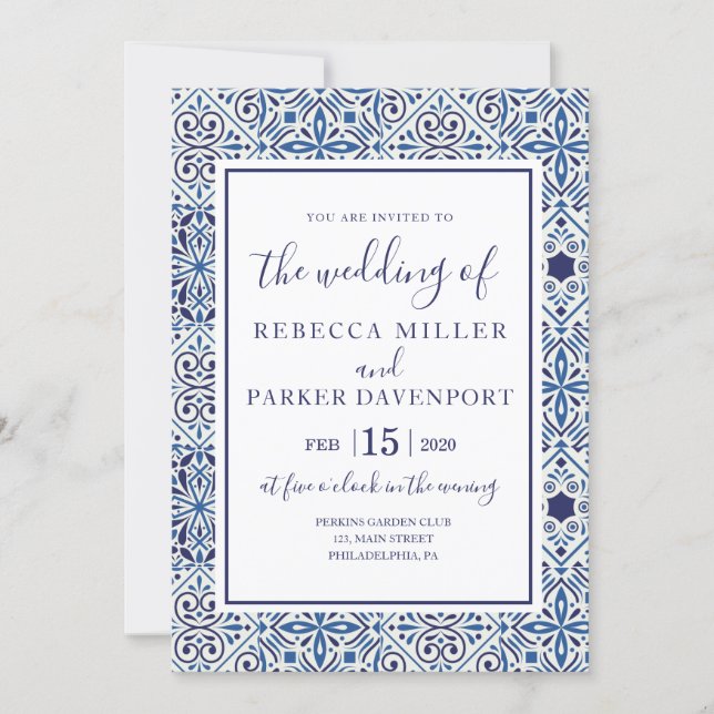 Blue Spanish Tiles Wedding invitation (Front)