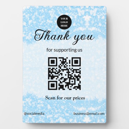 blue sparkle add logo text Q R code scan here Plaque