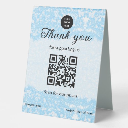 blue sparkle add logo text Q R code scan here Table Tent Sign
