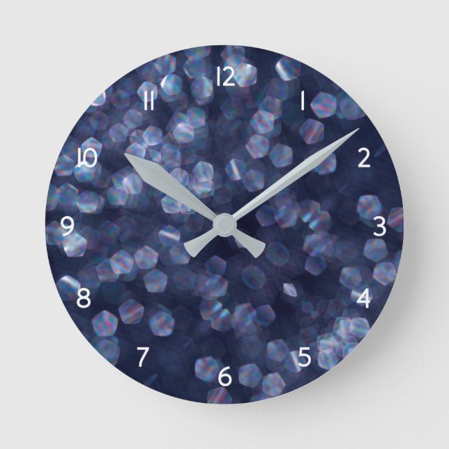 Blue Sparkle Bokeh Lights Round Clock (Front)