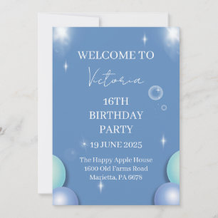 Blue Sparkle Bubbles 16th Birthday Invitation