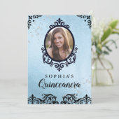 Blue Sparkle Damask Photo Quinceanera Invitation (Standing Front)