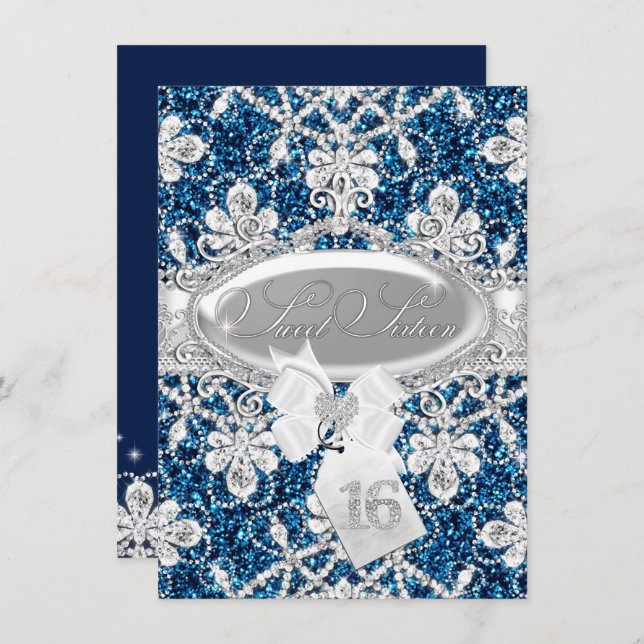 Blue Sparkle Diamond & Glitter Sweet 16 Invite (Front/Back)