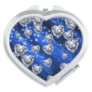 Blue Sparkle Diamond Hearts Compact Mirror