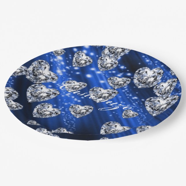 Blue Sparkle Diamond Hearts Napkins Paper Plates (Angled)