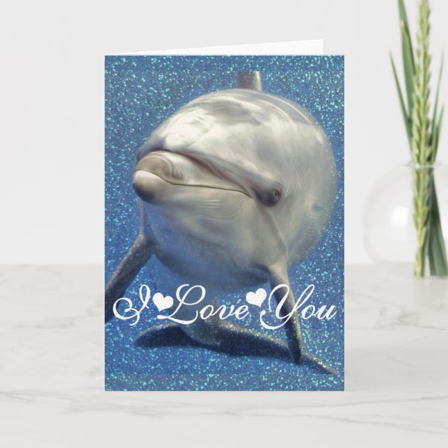 Blue Sparkle Dolphin Photo Image I Love You Card (Front)