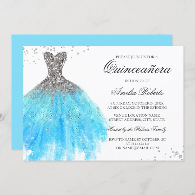 Blue Sparkle Dress Quinceanera Invitation (Front/Back)