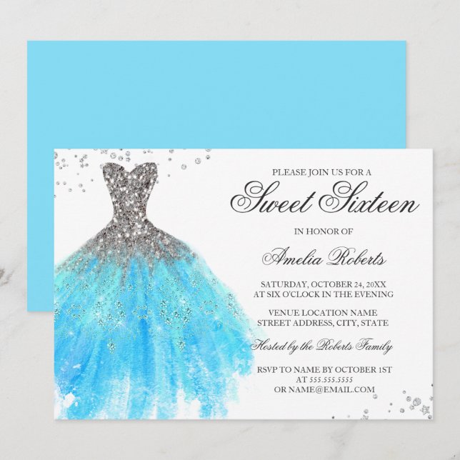 Blue Sparkle Dress Sweet Sixteen Invitation (Front/Back)