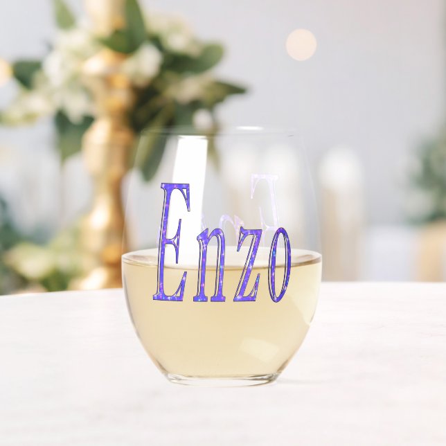 Blue Sparkle Enzo Name, Stemless Wine Glass (Insitu (Wedding))
