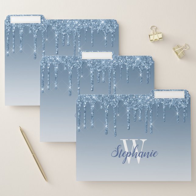 Blue Sparkle Faux Glitter Drips Ombre Monogram File Folder (Set)