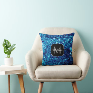 Blue sparkle Frozen ice bubbles Monogram PLdesign Throw Pillow