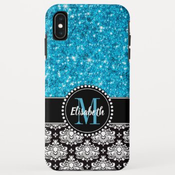 Blue Sparkle Glitter  Damask  Girly Mobile Iphone Xs Max Case by CoolestPhoneCases at Zazzle