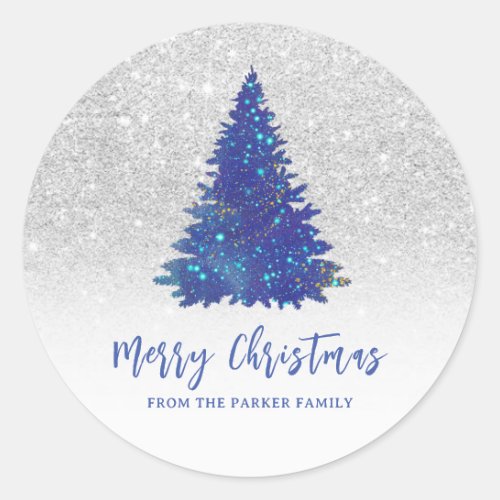 Blue Sparkle Glitter Dust Christmas Tree Classic Round Sticker