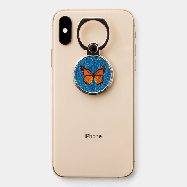 Blue Sparkle Glitter Monarch Butterfly Phone Ring Stand (On Phone)