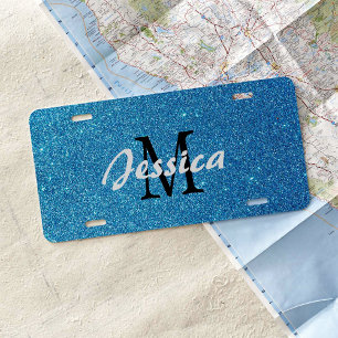 Blue Sparkle Glitter Monogram License Plate