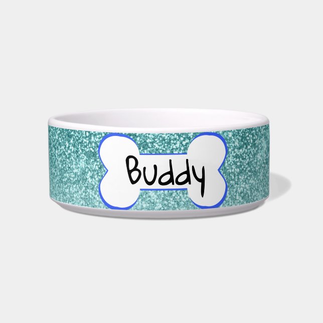 Blue Sparkle Glitter Pet Dog Cat Personalized Bowl (Front)