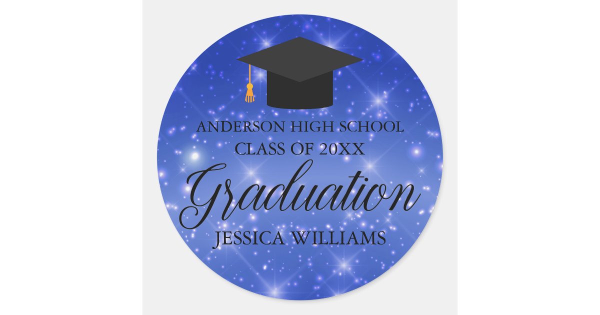Blue Sparkle Graduate Custom Graduation Party Classic Round Sticker ...