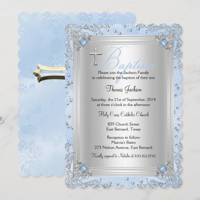 Blue Sparkle Jewel Baptism Christening 2 Invitation (Front/Back)