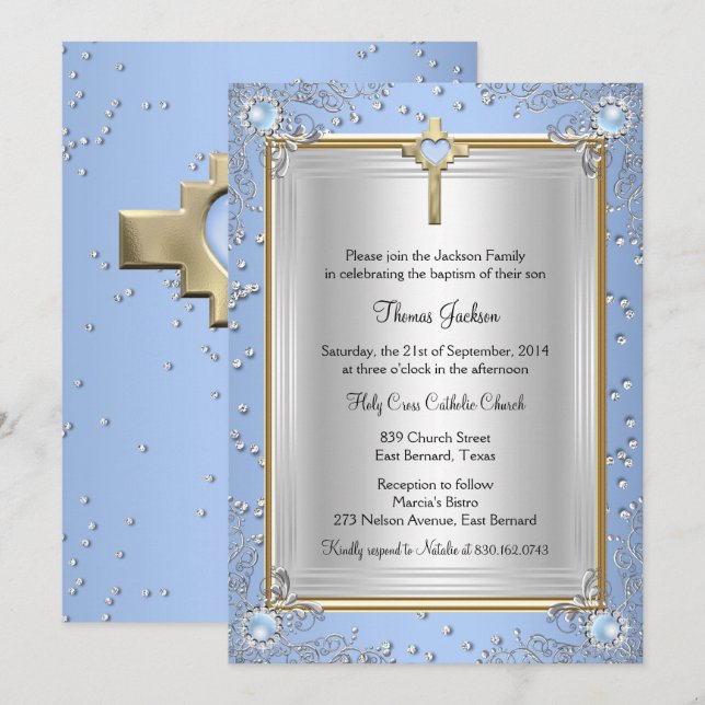 Blue Sparkle Jewel Baptism Christening Gold 2 Invitation (Front/Back)
