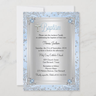 Blue Sparkle Jewel Baptism Christening Invitation
