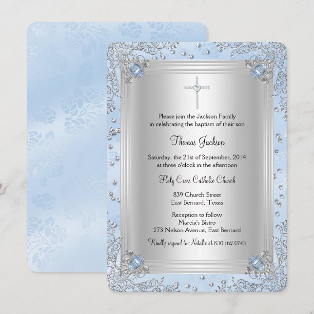 Blue Sparkle Jewel Baptism/Christening Invite (Front/Back)