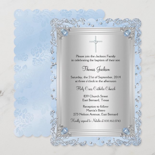 Blue Sparkle Jewel Baptism/Christening Invite (Front/Back)
