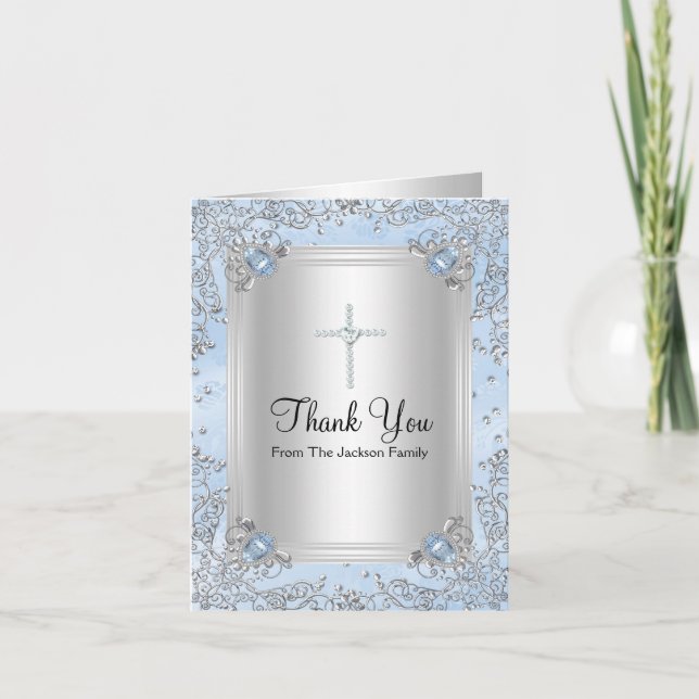 Blue Sparkle Jewel Baptism Thank You Card (Front)