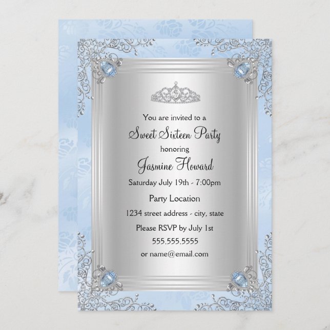 Blue Sparkle Jewel & Tiara Sweet 16 Invitation (Front/Back)