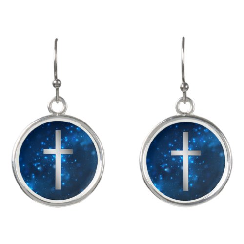 Blue Sparkle Lights Silver Christian Cross Earrings